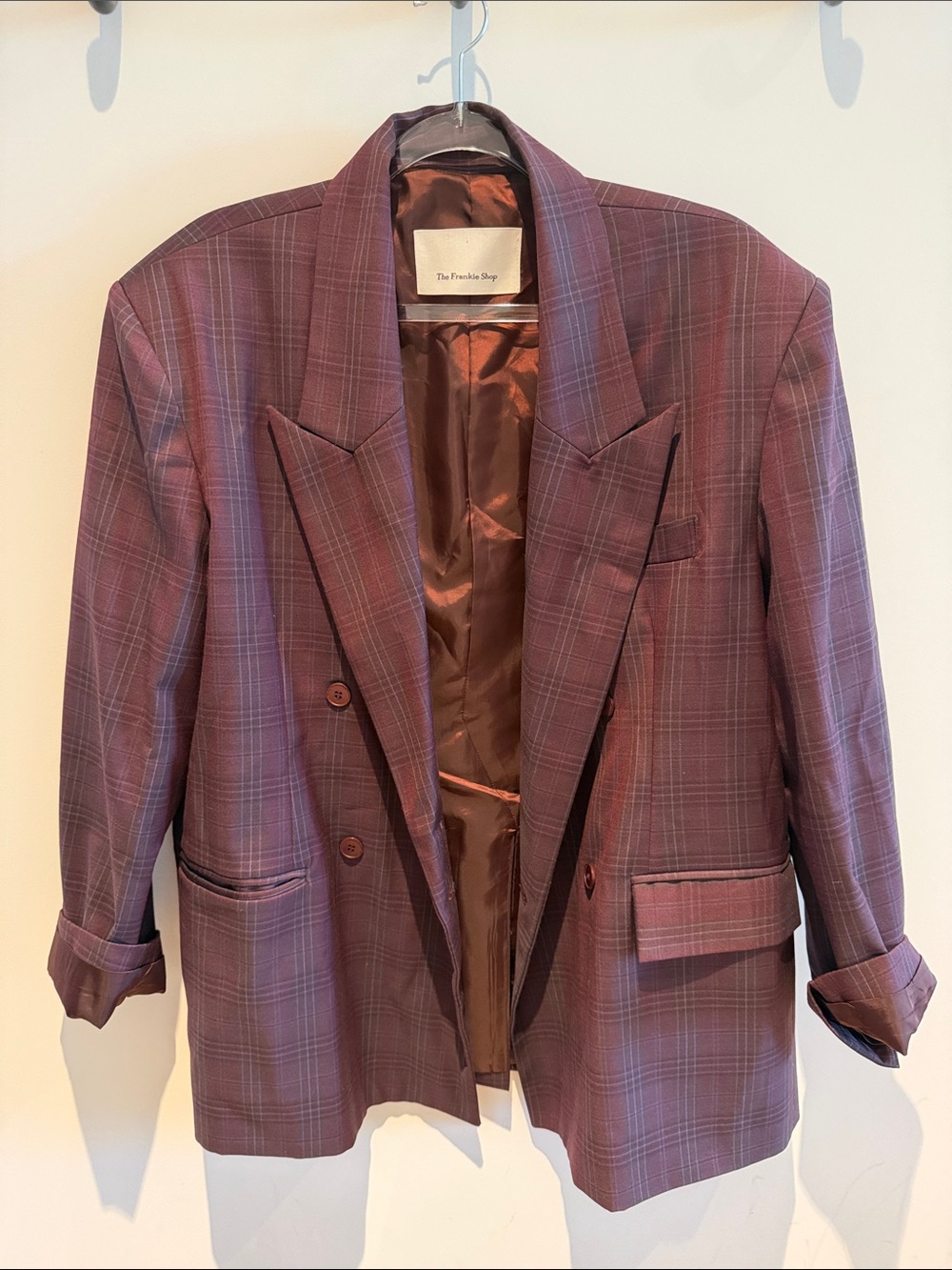 The Frankie Shop Dinant Padded Double-Breasted Blazer (Burgundy)